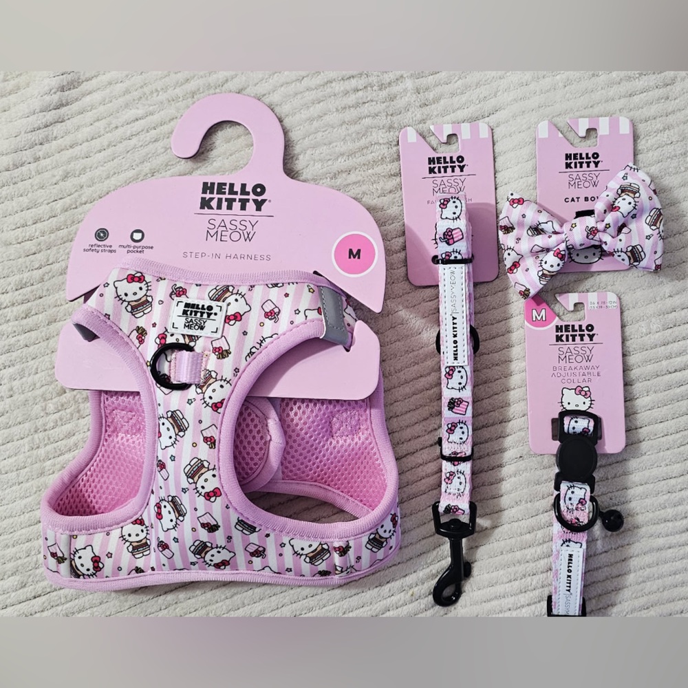 Sassy Meow Hello Kitty Pink Stripe Harness, Collar, Bow, Matching Leash (M)